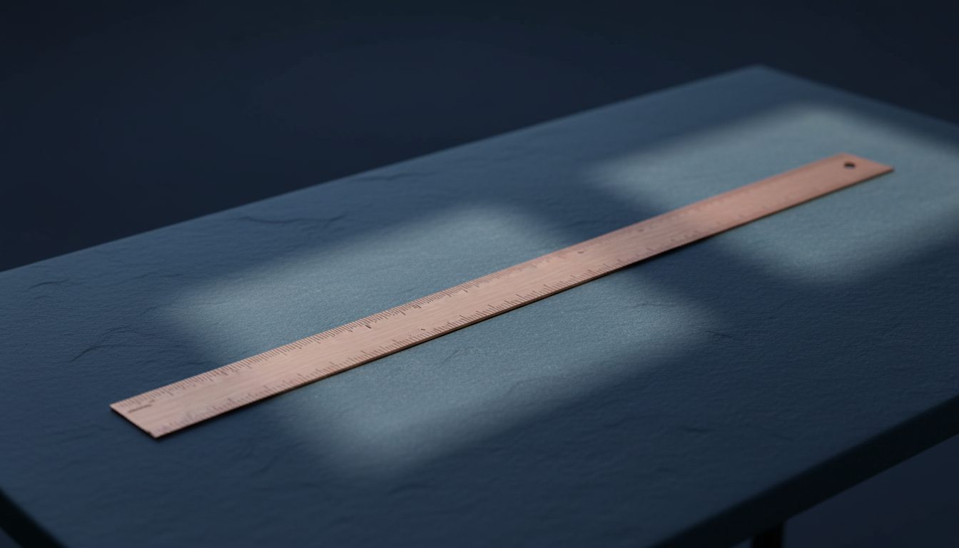 Een koperen liniaal met verdeelstreepjes op een donkerblauwe leistenen tafel, in strijklicht.